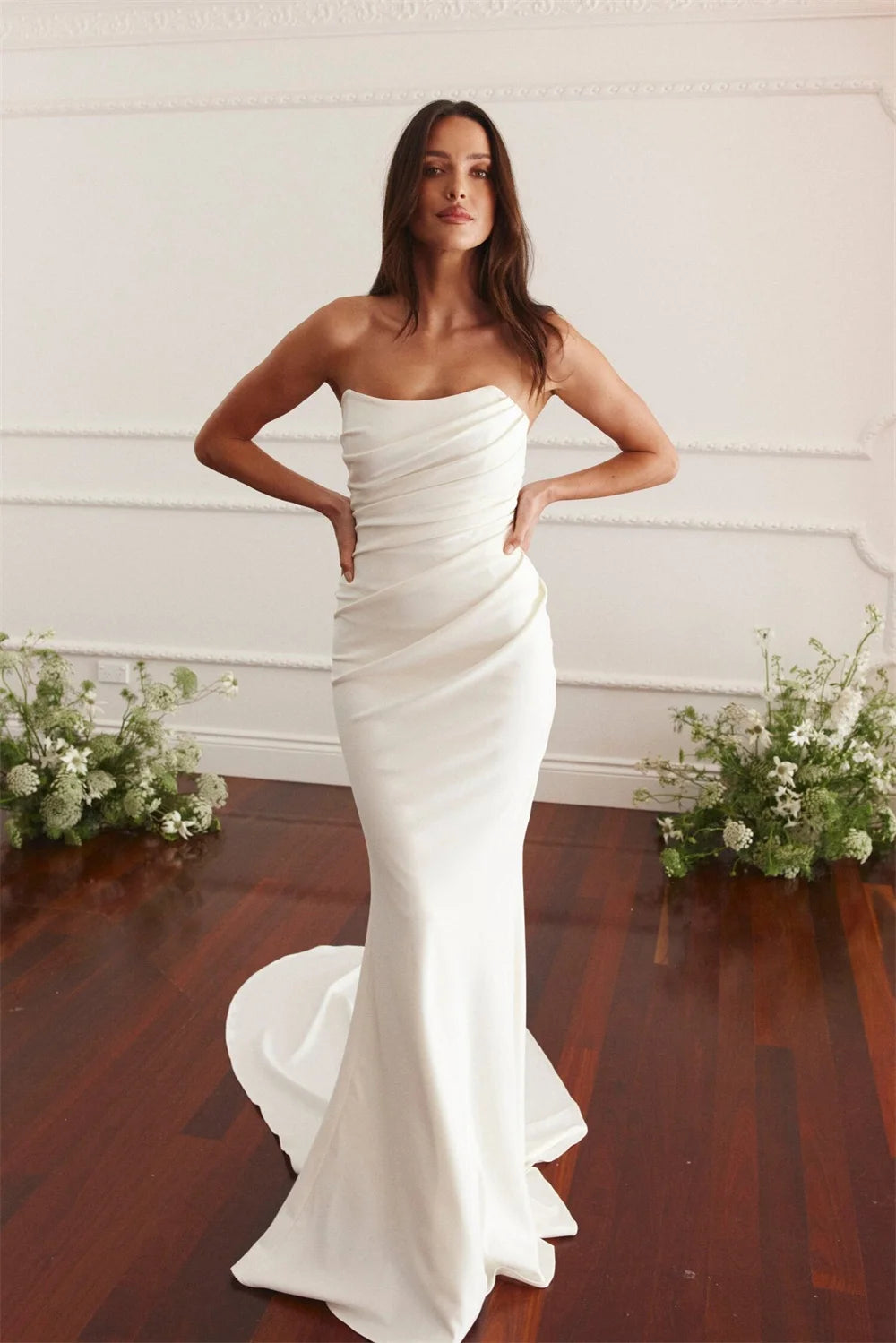 White Strapless Mermaid Long Train Simple Pleated Sleeveless Button Back Customized Formal Wedding Dress The Clothing Company Sydney