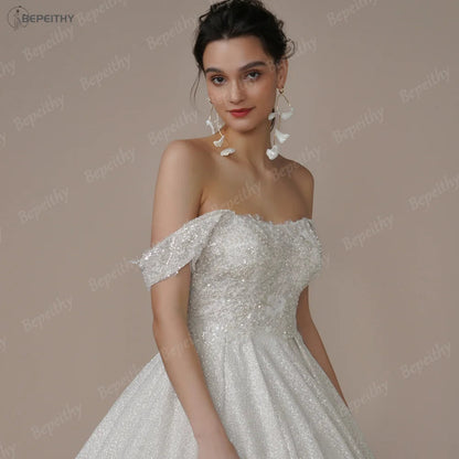 Customized Luxury Strapless A Line Glitter Wedding Dresses Off The Shoulder Women Ivory Bling-Bling Bride Bridal Gown The Clothing Company Sydney
