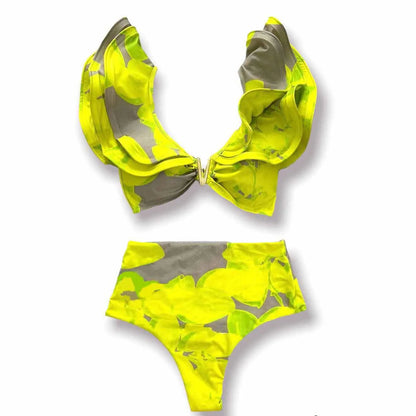V-Neck High Waist Bikini Sets Shoulder Ruffled Printed Swimsuit Two Piece Swimwear Bathing Suits The Clothing Company Sydney