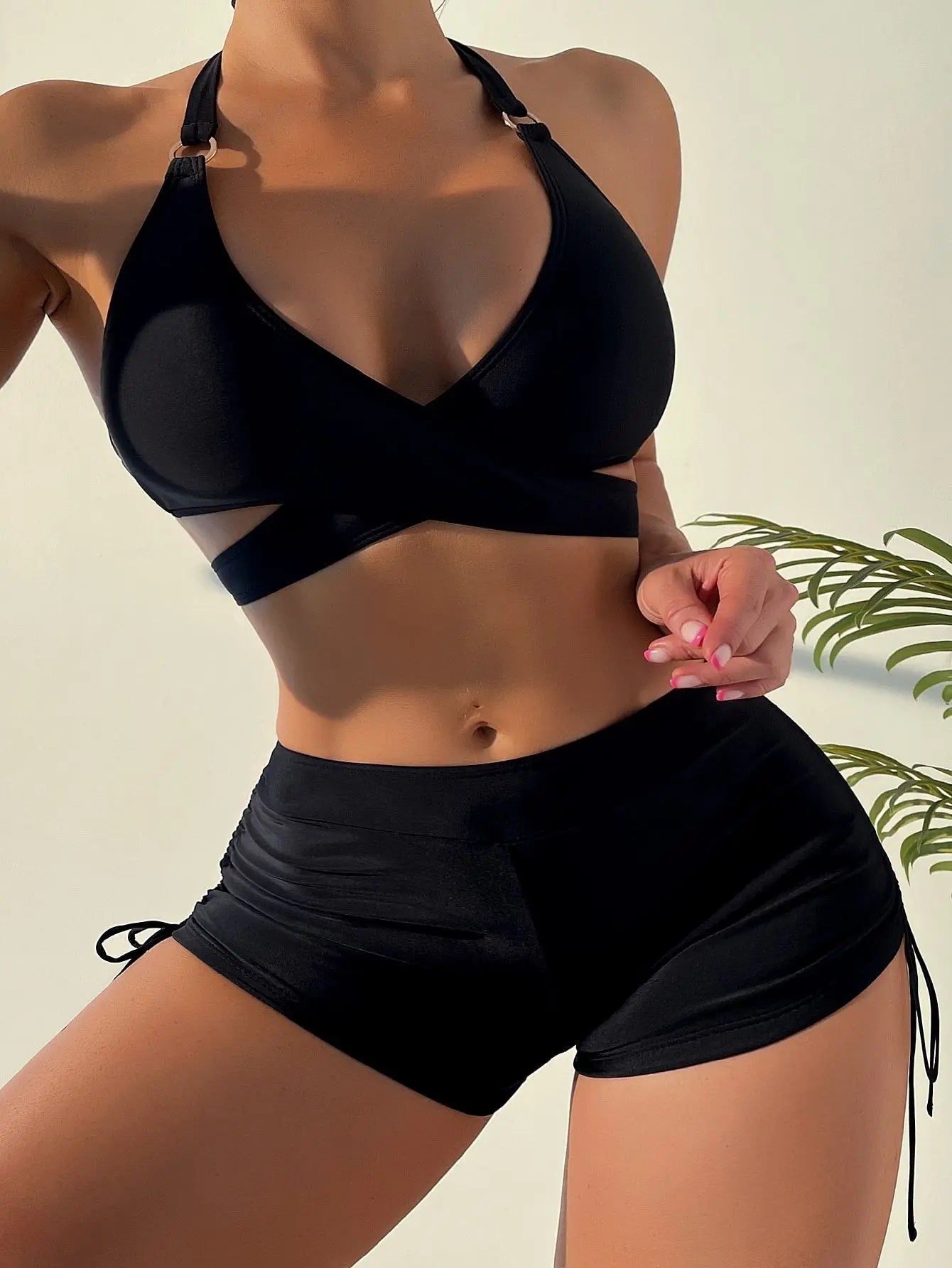 High Waist Two piece Bikini Women's Solid Hollow Swimsuit Cross Gathered Swimwear Summer Drawstring Beach Bathing Suit