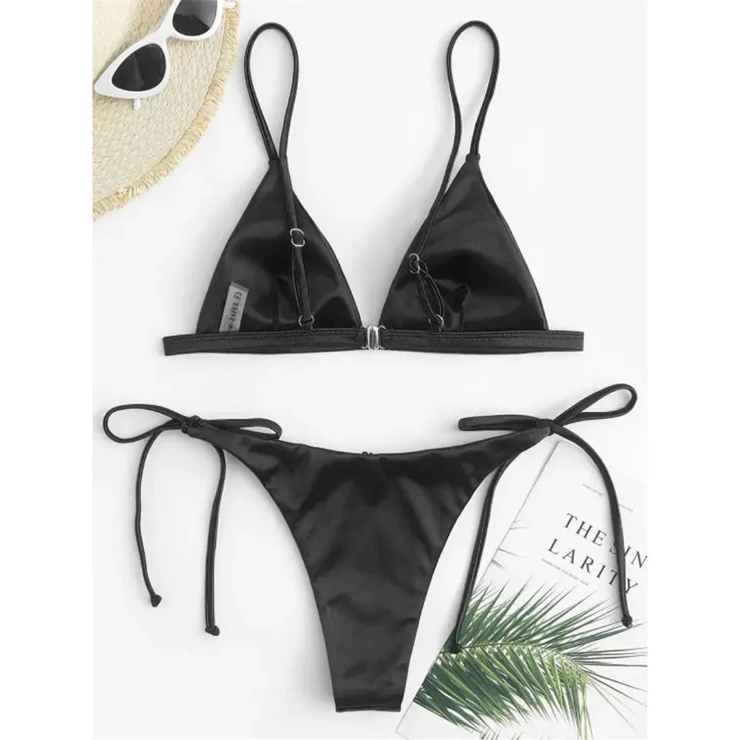 Side Tie Satin High Leg Cut Brazilian Bikini Swimwear Swimsuit Two piece Bikini set Bather Bathing Suit - The Clothing Company Sydney