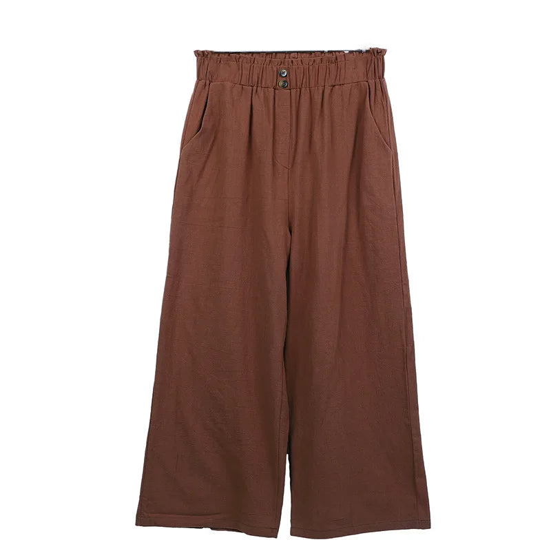 Women's Cotton Linen Loose Wide Leg Pants Summer Female High Elastic Waist Button Casual Streetwear Trousers The Clothing Company Sydney