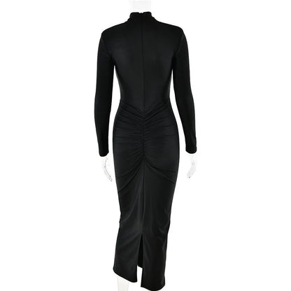 Hollow Out Long Sleeve Maxi Dress Gown Autumn Winter New Metal Buckle Ruched Slit Long Elegant Dress The Clothing Company Sydney