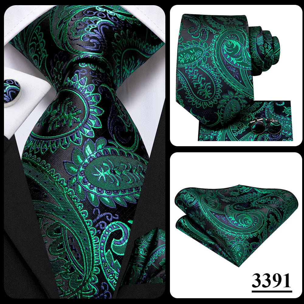 Green Paisley Silk Tie Set for Men – Necktie, Pocket Square & Cufflinks The Clothing Company Sydney