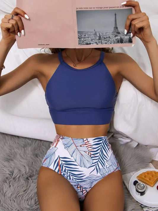 Light Purple High Waist Bikini High Neck Swimsuit Female Two Piece Swimwear Women Print Beach Wear Bathing Suit - The Clothing Company Sydney