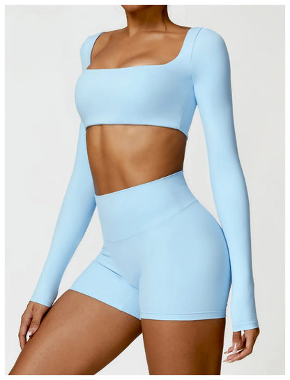 2 Piece Long Sleeve Gym Set Women Yoga Clothes Quick-Drying Sportswear Running Leggings Workout Sports Crop Top Shorts - The Clothing Company Sydney