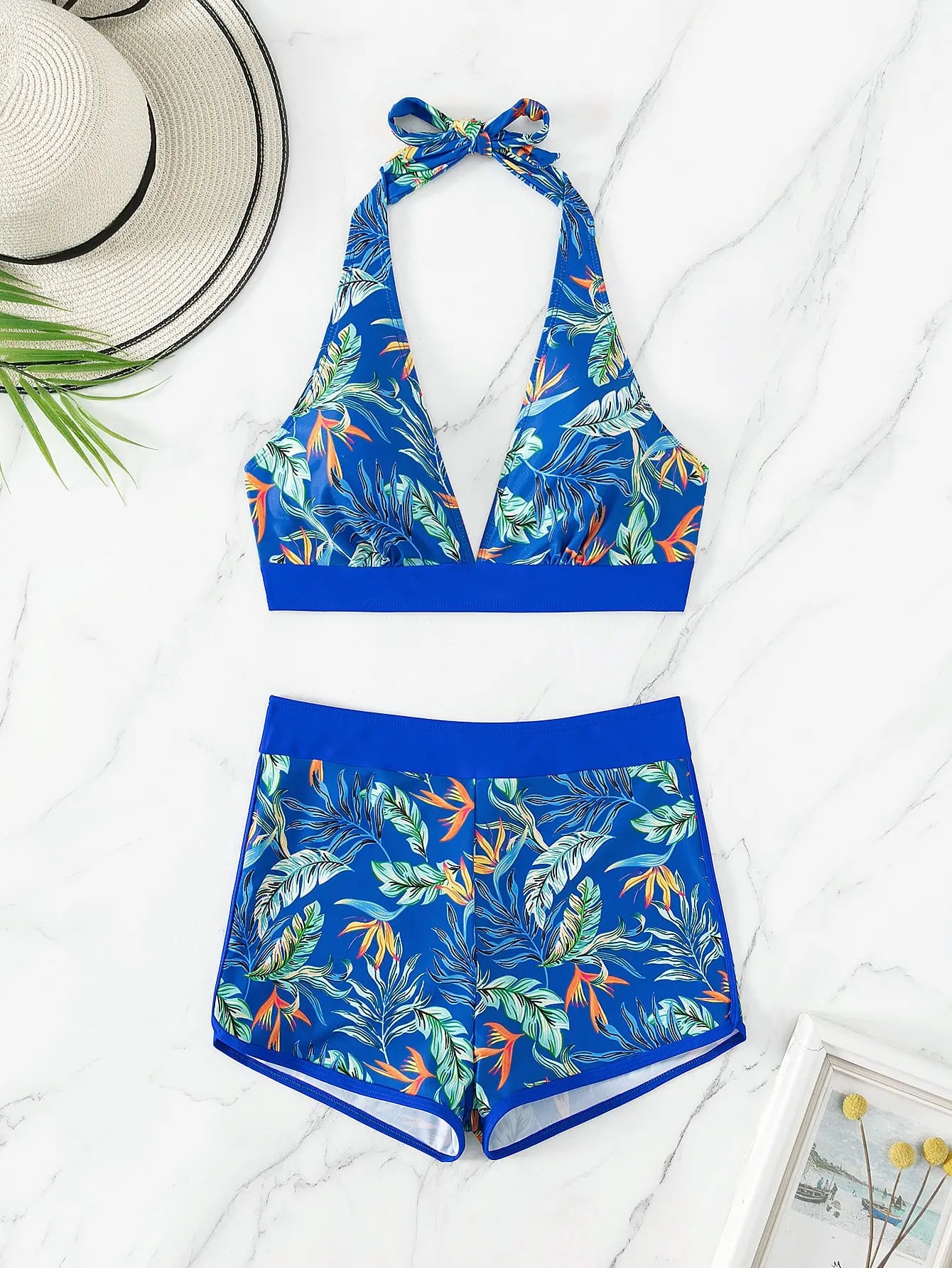 2 Piece Halter Bikini Set Shorts Swimsuit High Waist Swimwear Female Printed Bathers Swimming Bathing Swim Suit Beachwear - The Clothing Company Sydney