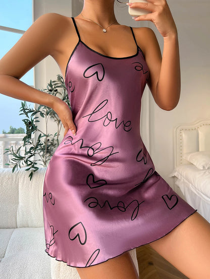 Heart  Letter Print Nightdress  Casual Round Neck Spaghetti Strap Sleep Women's Sleepwear  Dress - The Clothing Company Sydney