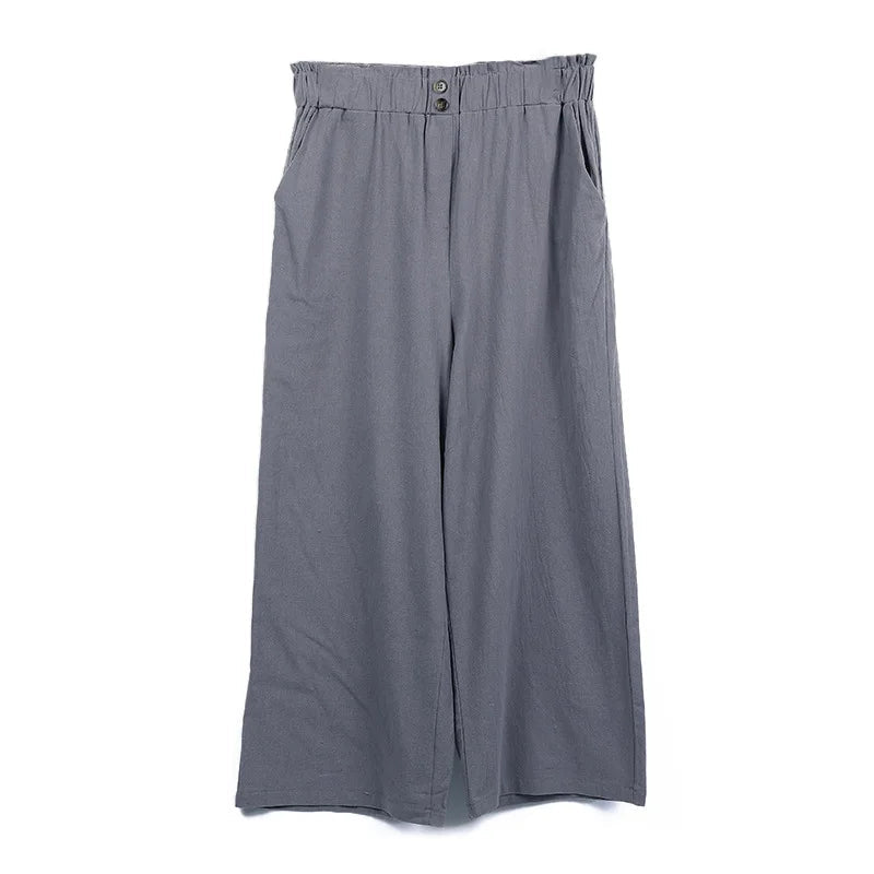 Women's Cotton Linen Loose Wide Leg Pants Summer Female High Elastic Waist Button Casual Streetwear Trousers The Clothing Company Sydney