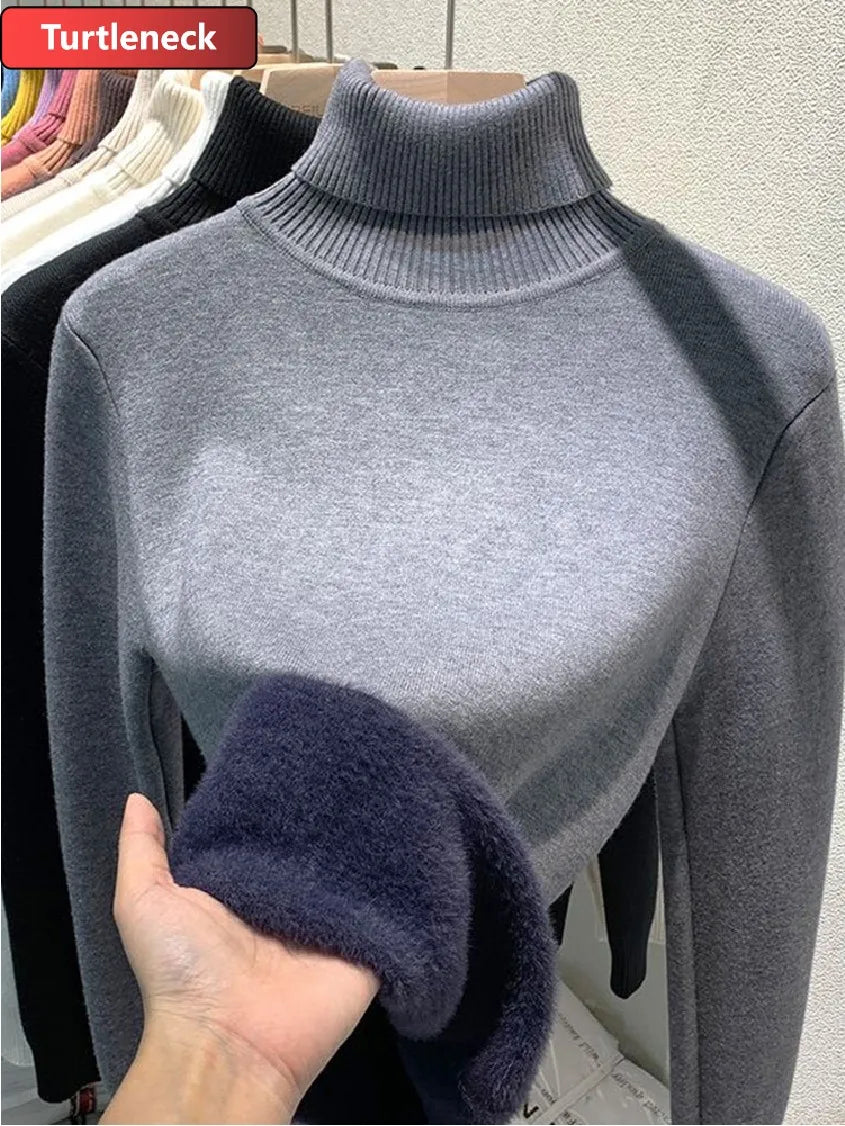 Ladies Turtleneck Winter Sweater Women Elegant Thick Velvet Lined Warm Knitted Pullover Slim Tops Jersey Knitwear Jumper The Clothing Company Sydney