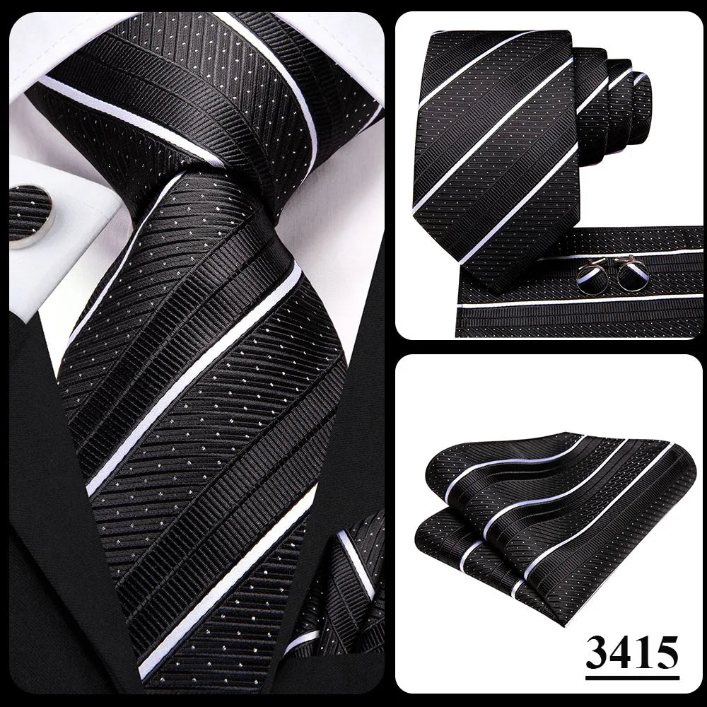 3 Piece Black Floral Silk Wedding Tie For Men Handky Cufflink Elegant Necktie Set For Men - The Clothing Company Sydney