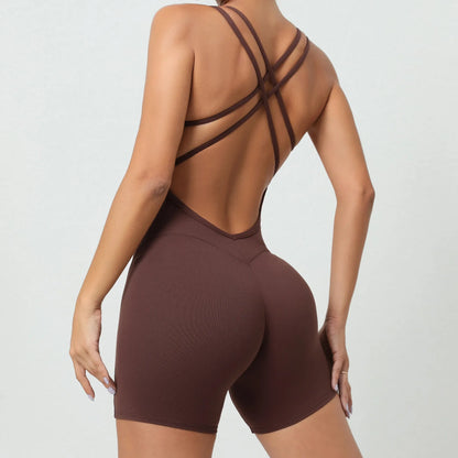 Criss Cross Backless Unitard Gym Women Romper One Piece Yoga Set Sportswear Sleeveless Sport Short Jumpsuit Playsuit Fitness Overalls - The Clothing Company Sydney