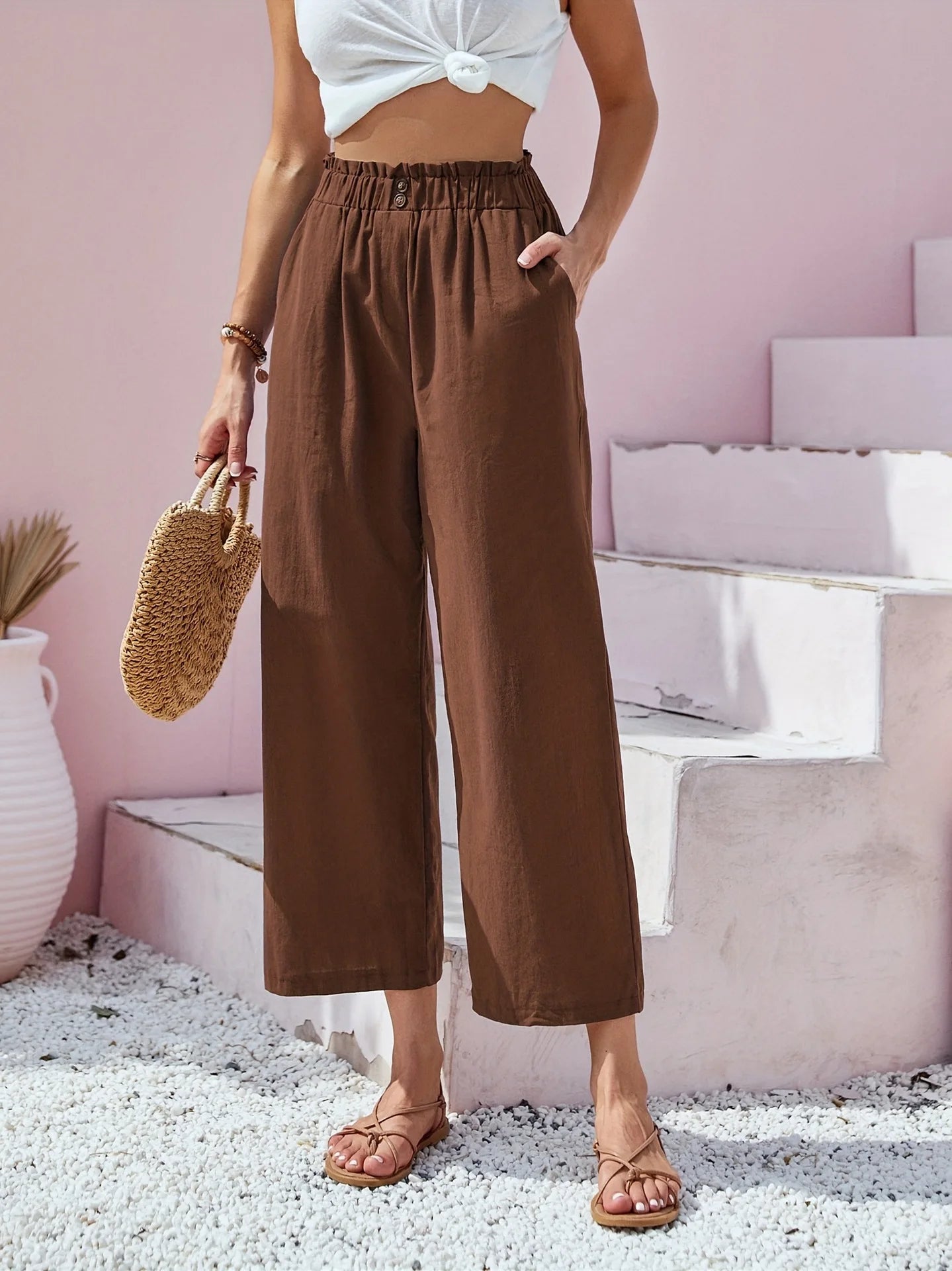 Women's Cotton Linen Loose Wide Leg Pants Summer Female High Elastic Waist Button Casual Streetwear Trousers The Clothing Company Sydney