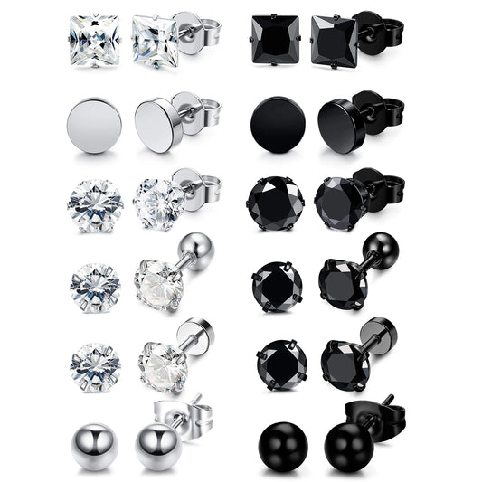 3-8mm Small Black Silver Colour Earrings Stone CZ Crystal Ear Studs Surgical Steel Cubic Unisex Accessories - The Clothing Company Sydney