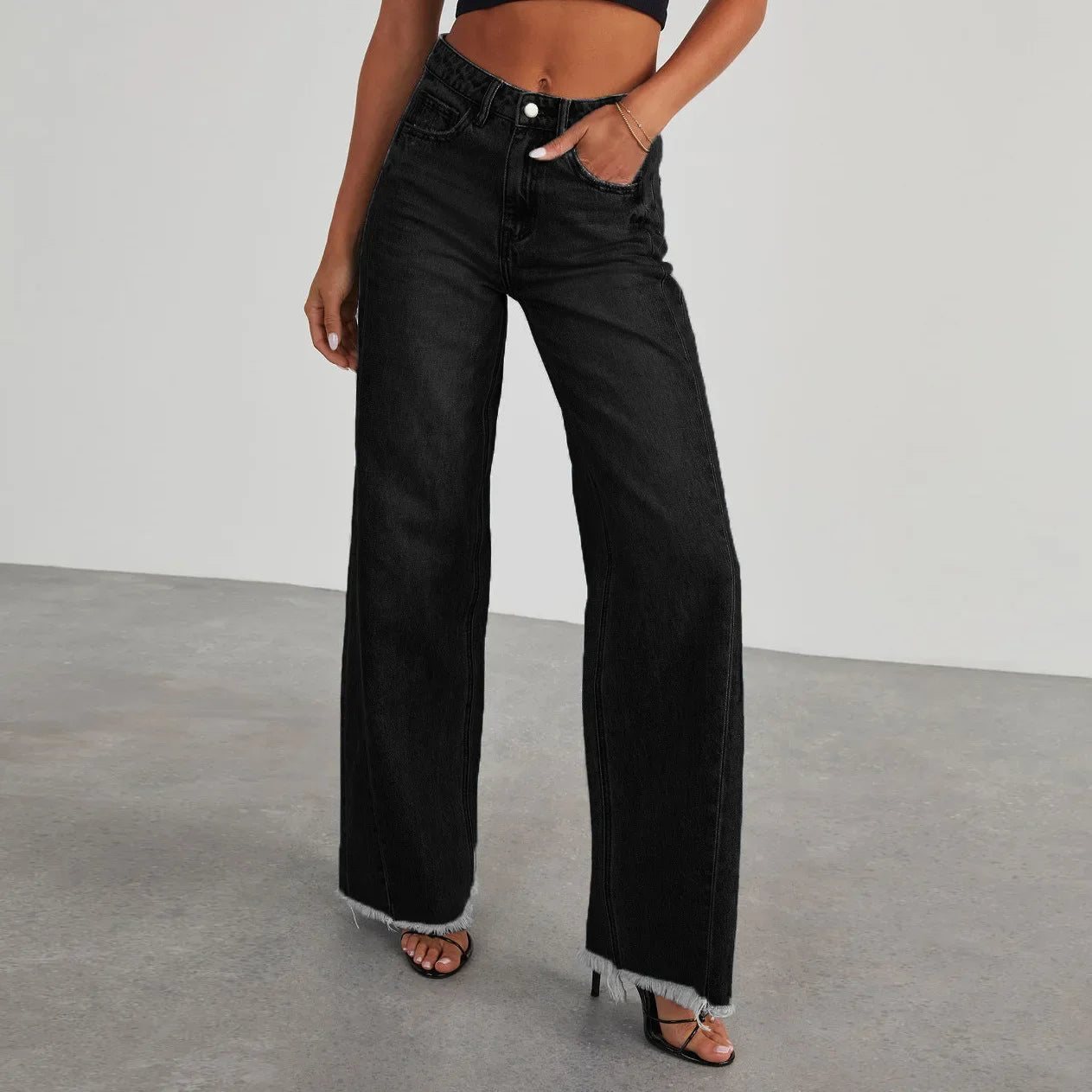 Spring Summer Women's Clothing Solid Color Loose Wide Leg Side Seam Stitching Frayed Hem Jeans The Clothing Company Sydney