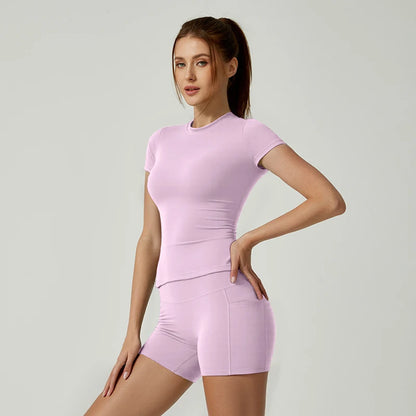 2 Piece Women's Sports Yoga Set Seamless Knitted Fitness Gym Clothes Sportswear Short Sleeve Crop Top Tracksuits Gym Bike Shorts - The Clothing Company Sydney