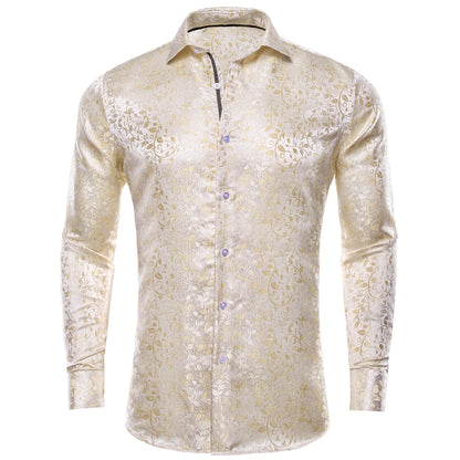 Hi-Tie Long Sleeve Silk Shirts for Men Suit Dress Outwear Male Slim Wedding Floral Paisley Gold Blue Red The Clothing Company Sydney