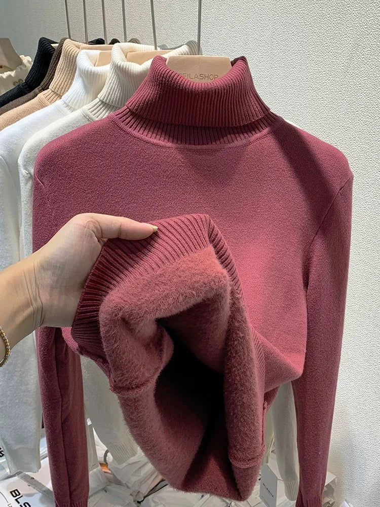 Ladies Turtleneck Winter Sweater Women Elegant Thick Velvet Lined Warm Knitted Pullover Slim Tops Jersey Knitwear Jumper The Clothing Company Sydney
