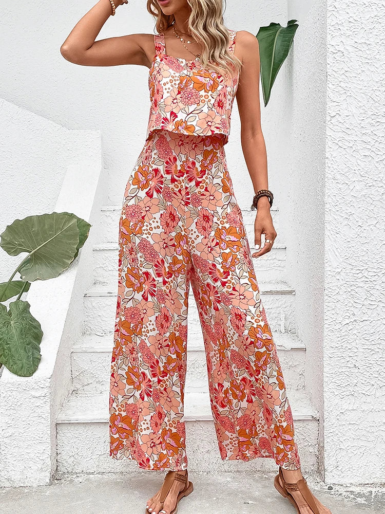Elegant Long Women's Backless Wide Leg Jumpsuits Casual Sleeveless Floral Rompers Summer Matching Outfit Set - The Clothing Company Sydney