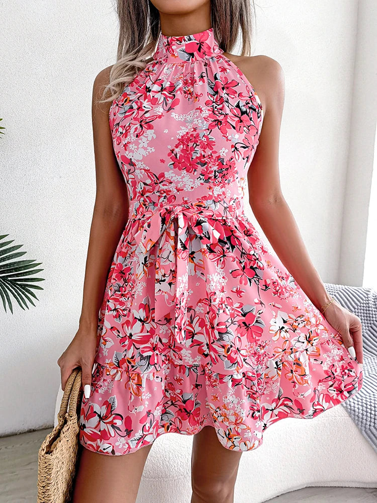 Summer Women O Neck Floral Print Bandage Holiday Beach Sundress Casual Halter Short Dresses The Clothing Company Sydney
