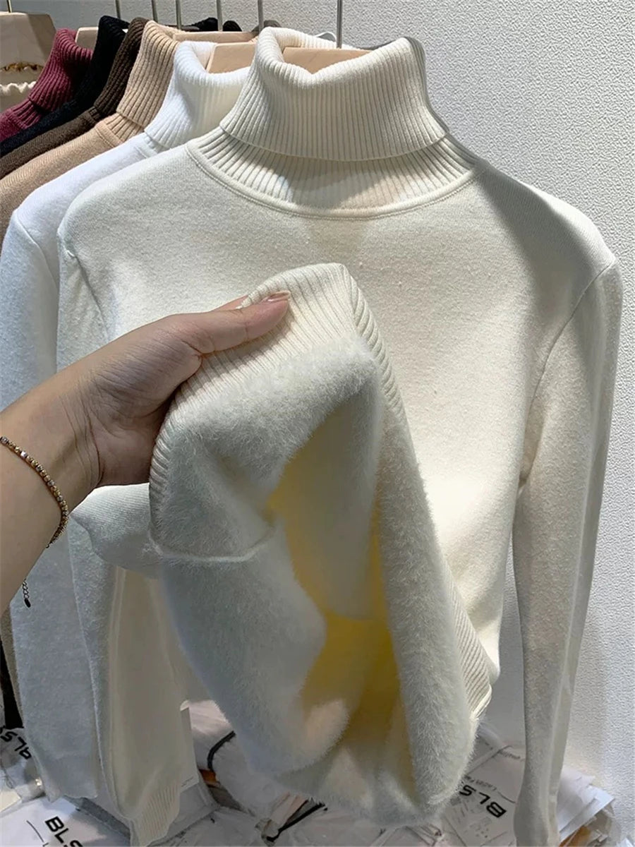 Ladies Turtleneck Winter Sweater Women Elegant Thick Velvet Lined Warm Knitted Pullover Slim Tops Jersey Knitwear Jumper The Clothing Company Sydney