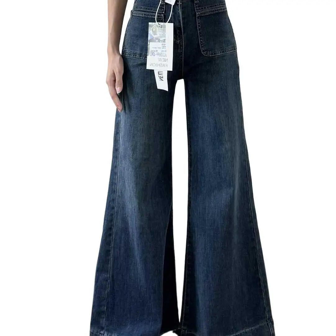 Women's Autumn Retro Micro-flared Solid Color High-waisted Straight Wide Leg Pants Loose Floor-length Jeans The Clothing Company Sydney