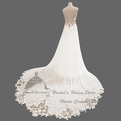 Drop Waist Chiffon Boho Robe Elegant Long Bridal Beach Wedding Gowns Floral Lace Appliques Spaghetti Strap Wedding Dress - The Clothing Company Sydney