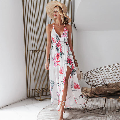 Backless boho floral print long dress Women Deep v neck chiffon sexy summer dress Autumn maxi dress The Clothing Company Sydney