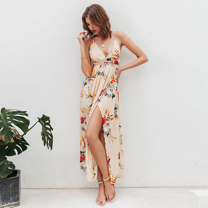 Backless boho floral print long dress Women Deep v neck chiffon sexy summer dress Autumn maxi dress The Clothing Company Sydney