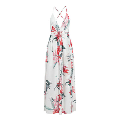 Backless boho floral print long dress Women Deep v neck chiffon sexy summer dress Autumn maxi dress The Clothing Company Sydney
