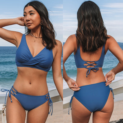 Yellow And Lemon Print Mid-Waist Bikini Sets Swimsuit Lace Up Two Pieces Swimwear Beach Bathing Suits The Clothing Company Sydney