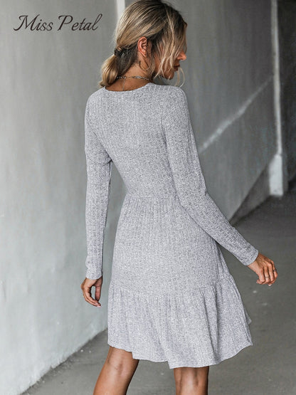 Ribbed A-Line Mini Dress For Woman Grey V-neck Long Sleeve Party Dress Spring Autumn Sundress The Clothing Company Sydney