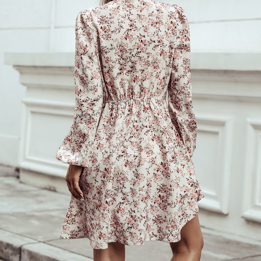 Plunge Neck A-Line Mini Dress Ditsy Floral Sexy Long Sleeve Party Dress Spring Autumn Sundress The Clothing Company Sydney