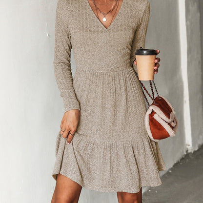 Ribbed A-Line Mini Dress For Woman Grey V-neck Long Sleeve Party Dress Spring Autumn Sundress The Clothing Company Sydney