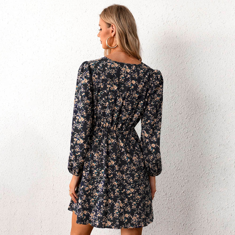 Plunge Neck A-Line Mini Dress Ditsy Floral Sexy Long Sleeve Party Dress Spring Autumn Sundress The Clothing Company Sydney