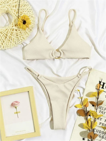 High Cut Rib Swimwear Solid Beachwear Bathing Suits Rings Bikini Sets Hollow Out Swimsuit The Clothing Company Sydney