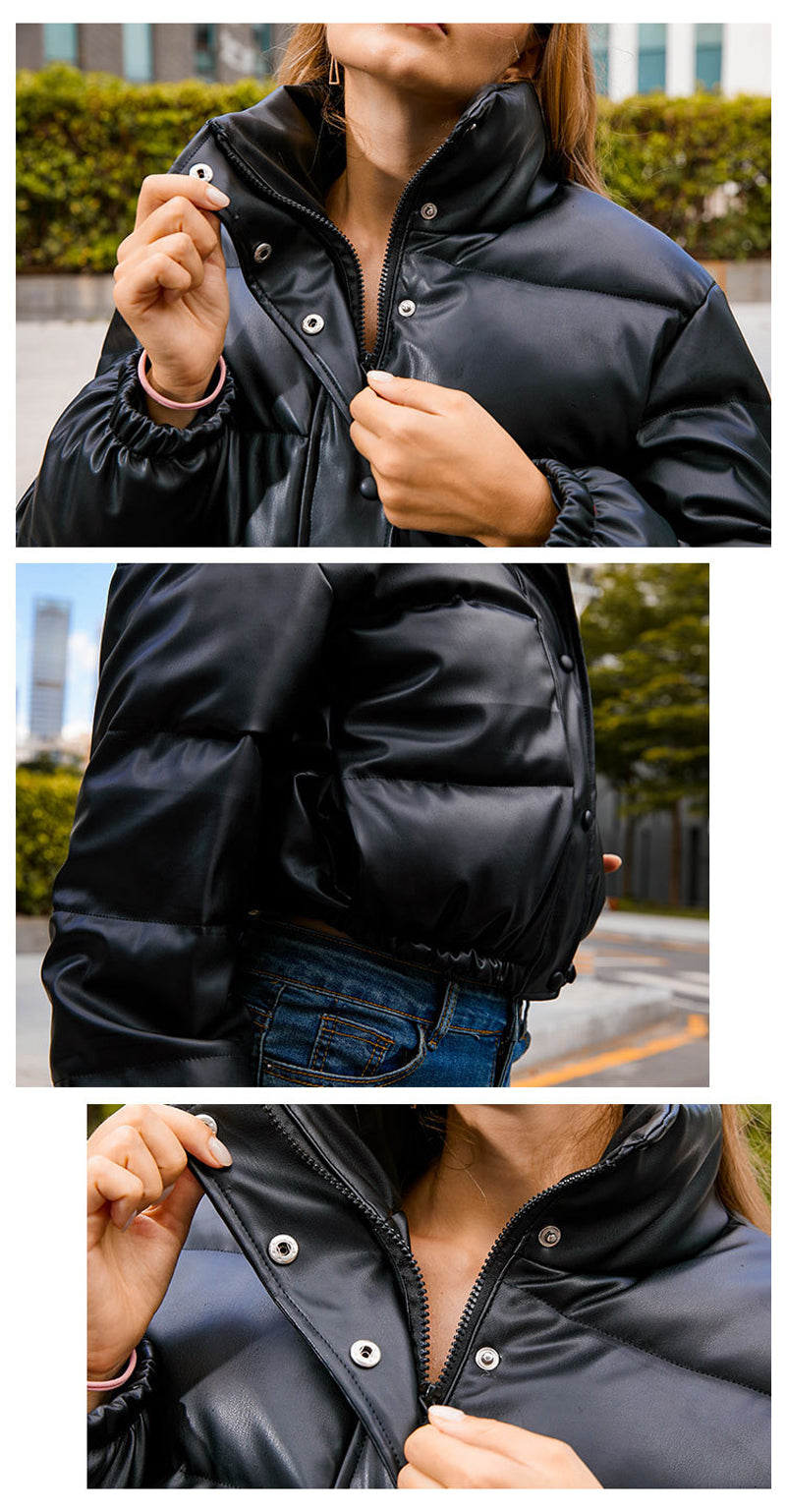Winter Warm Thick PU Leather Coats Women's Short Parkas Fashion Black Cotton Padded Down Jacket With Elegant Zipper The Clothing Company Sydney