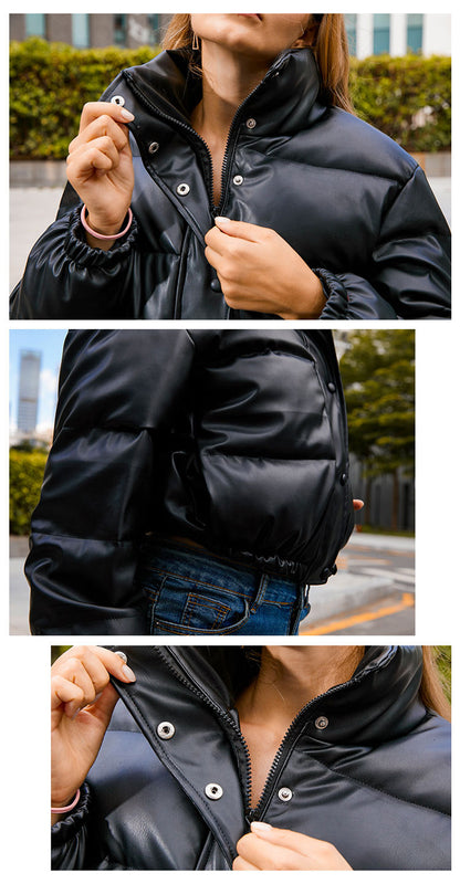 Winter Warm Thick PU Leather Coats Women's Short Parkas Fashion Black Cotton Padded Down Jacket With Elegant Zipper The Clothing Company Sydney