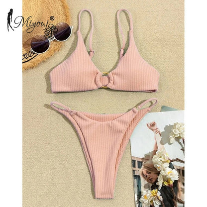 High Cut Rib Swimwear Solid Beachwear Bathing Suits Rings Bikini Sets Hollow Out Swimsuit The Clothing Company Sydney