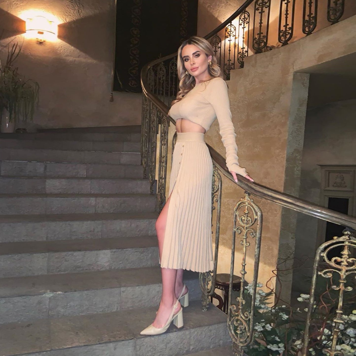 2 Piece Sweater Cropped Top Midi Skirt Matching Set Outfits Button Up Split Skirt Set The Clothing Company Sydney