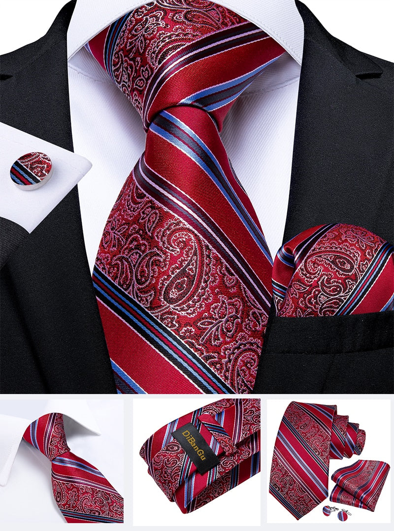 Designer Wedding Men's Tie Red  Solid Striped Paisley Neckties For Men Business Hanky Cufflinks Tie Set The Clothing Company Sydney