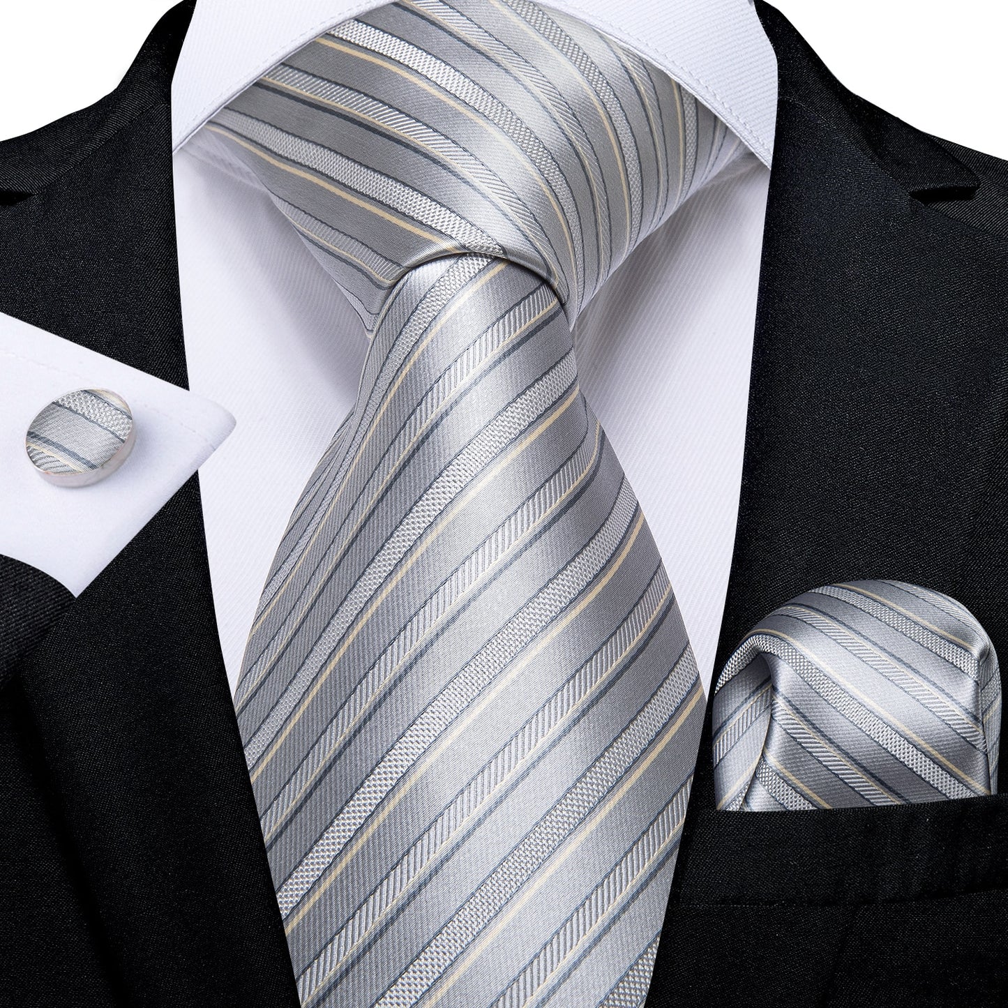 3 Piece Designer Men's Wedding Tie Gold Black Striped Silk Neck Ties For Men Hanky Cufflinks Set Business Party Wear The Clothing Company Sydney
