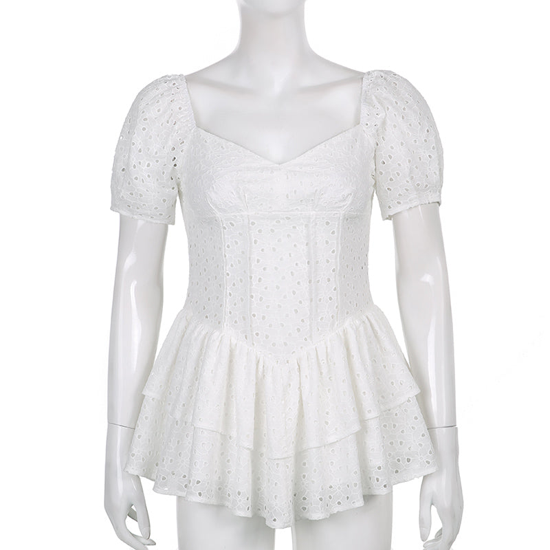 Hook Flower Mini Deep V Neck Vintage Puff Sleeve Short Summer Dress Boho Beach Sundress The Clothing Company Sydney