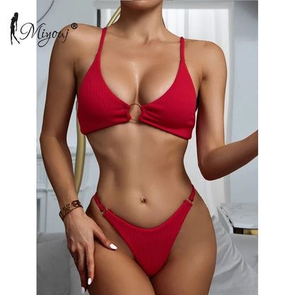 High Cut Rib Swimwear Solid Beachwear Bathing Suits Rings Bikini Sets Hollow Out Swimsuit The Clothing Company Sydney