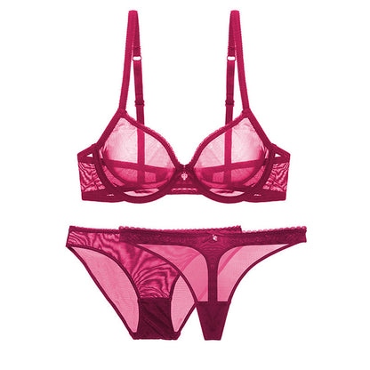 Ultra-thin cup mesh lace underwear transparent unlined 1 bra+2 panties plus size bra set for ladies The Clothing Company Sydney