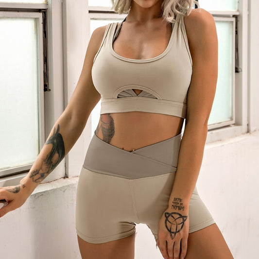 Layered Look Long Sleeve Yoga Crop Top Wrap V Waist Leggings Layered Cut Out Sports Bra Contrast Waist Shorts The Clothing Company Sydney
