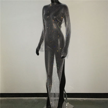 Shiny Rhinestones Grid Long Dress See Through Long Sleeves Fishnet Side Slit Long Dresses Chic Summer Beach Cover Up The Clothing Company Sydney