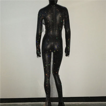 Shiny Rhinestones Grid Long Dress See Through Long Sleeves Fishnet Side Slit Long Dresses Chic Summer Beach Cover Up The Clothing Company Sydney