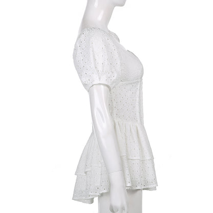 Hook Flower Mini Deep V Neck Vintage Puff Sleeve Short Summer Dress Boho Beach Sundress The Clothing Company Sydney