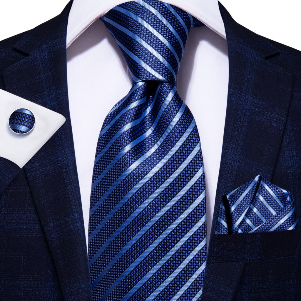 3 Piece Business Classic Blue Black Striped Solid Neck Tie Necktie Pocket Square Cufflinks Wedding Party Silk Tie Set The Clothing Company Sydney